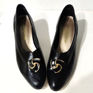 NEW Magdesians 80's Vintage Black & Gold Leather Dress Heels Pumps Size 6.5 W